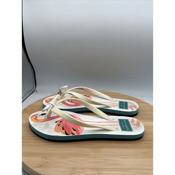 Kate Spade New York Flamingo Flip Flop Sandals Size 5 White Pink Bow Charm Beach - Picture 5 of 12
